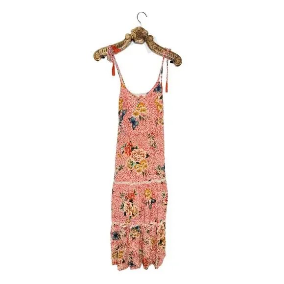 Farm Rio Anthropologie Verbena Midi Dress Tie Strap Tassel Tier Floral Boho xs